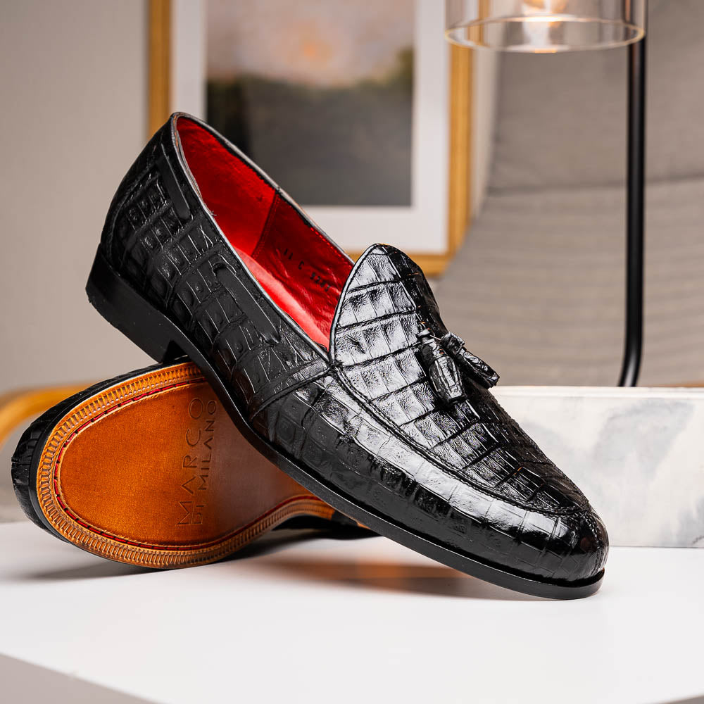 Marco Di Milano Bianchi Caiman Crocodile Tassel Loafers Black