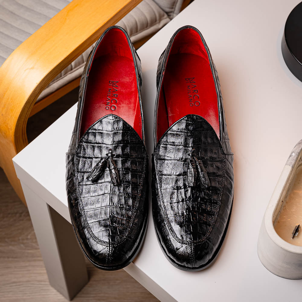Marco Di Milano Bianchi Caiman Crocodile Tassel Loafers Black