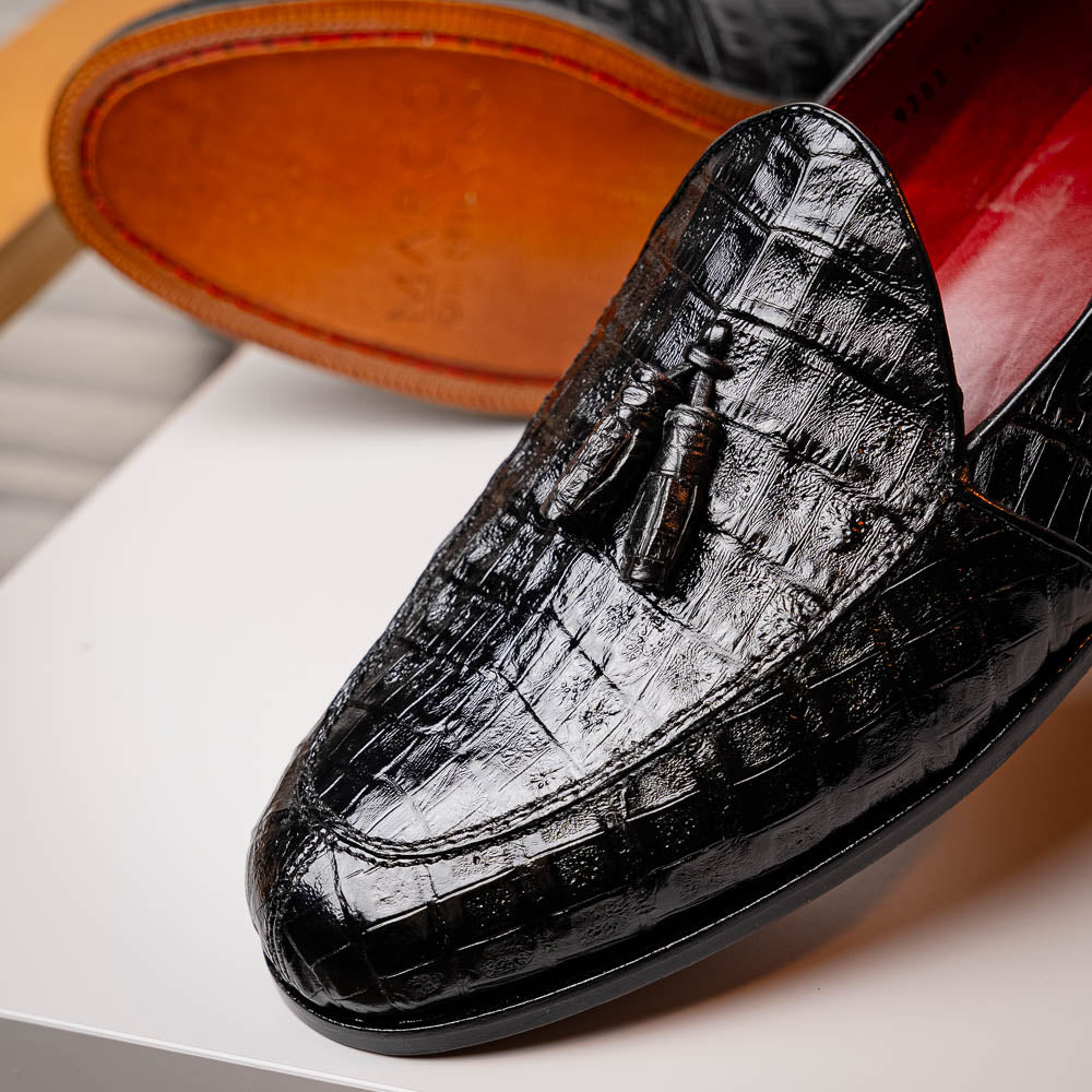 Marco Di Milano Bianchi Caiman Crocodile Tassel Loafers Black