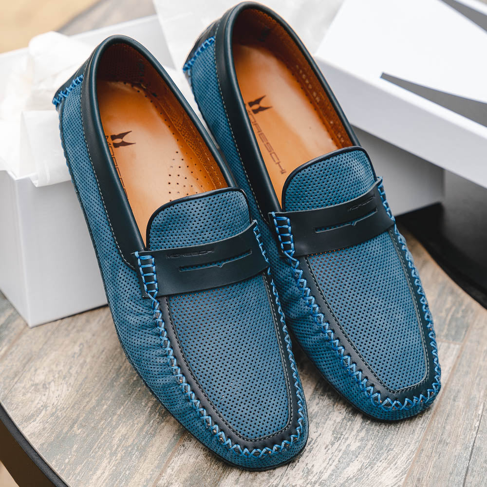 Moreschi Bahamas Perforated Nubuck Driving Loafers Navy