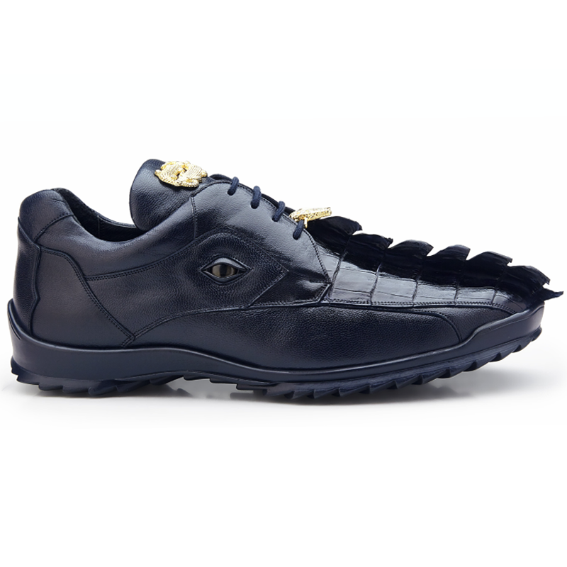 Belvedere Vasco Night Blue Genuine Hornback Crocodile Soft Calf Casual Sneakers with Eyes