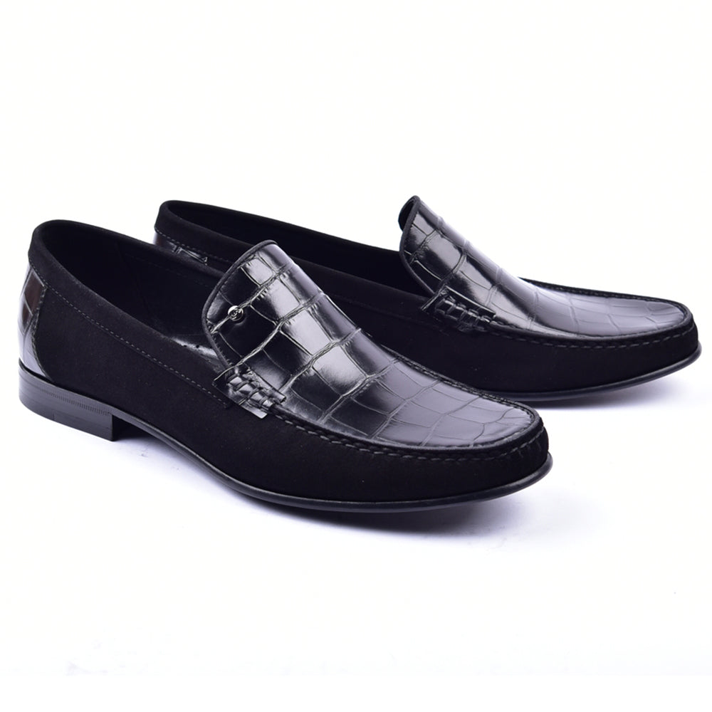 Corrente 3898C Handsewn Suede / Crocodile Print Loafers Black