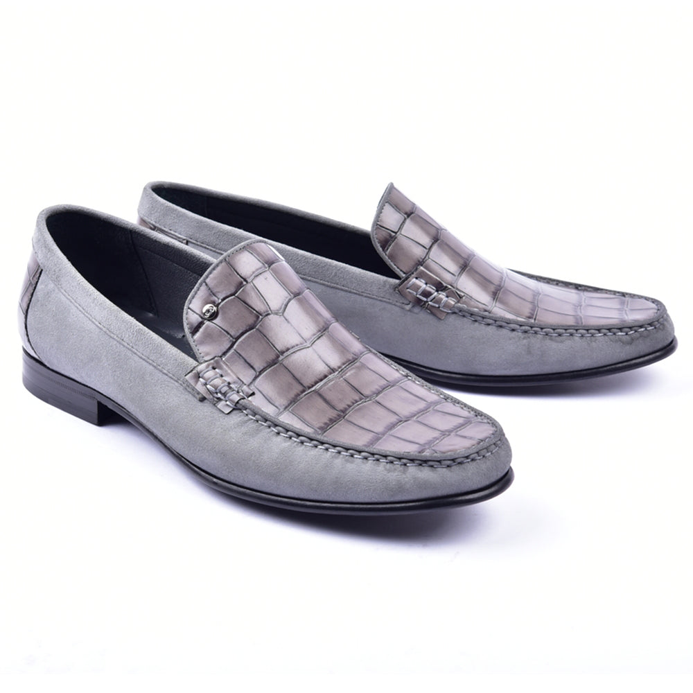 Corrente 3898C Handsewn Suede / Crocodile Print Loafers Grey