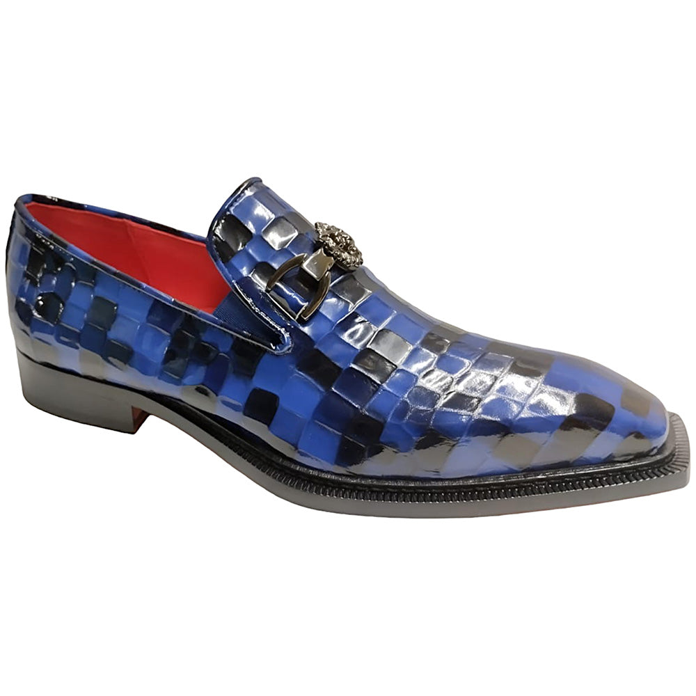 blue v neck dress Emilio Franco Couture Narciso Patent Croco Multi Print Shoes Navy Combo