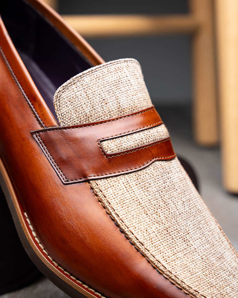 Zelli Lago Italian Calfskin & Linen Penny Loafers Cognac (15-733-CGN)