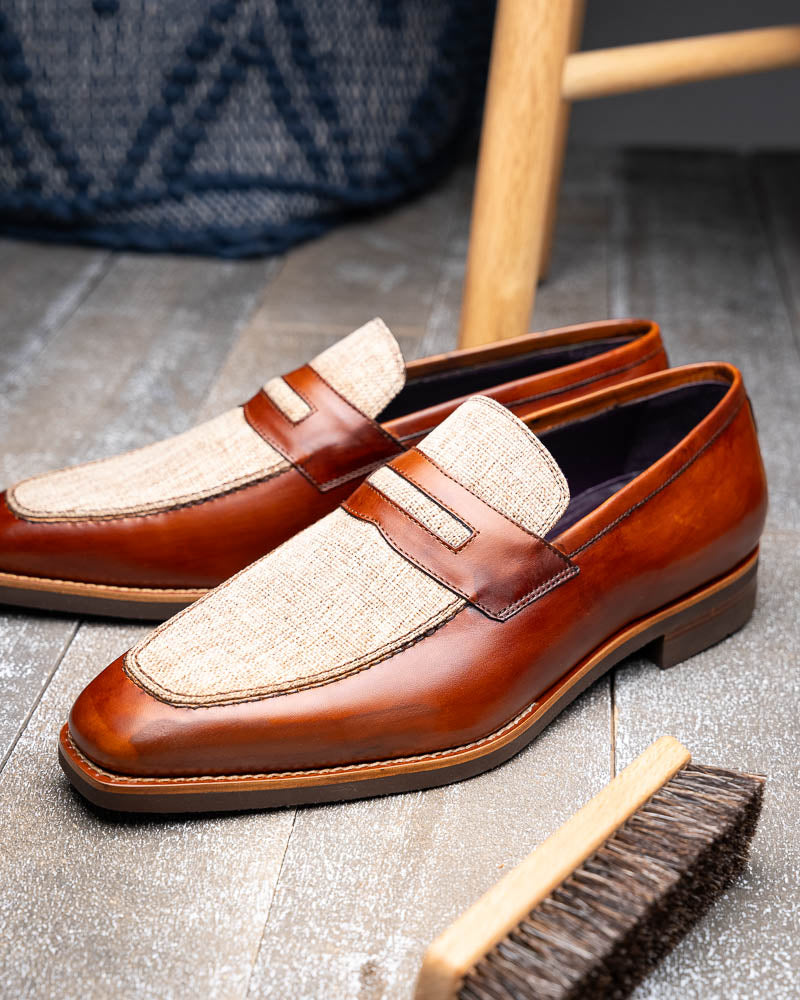 Zelli Lago Italian Calfskin & Linen Penny Loafers Cognac (15-733-CGN)