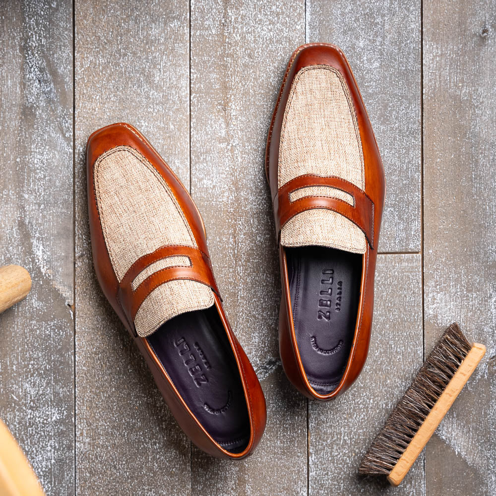 Zelli Lago Italian Calfskin & Linen Penny Loafers Cognac (15-733-CGN)