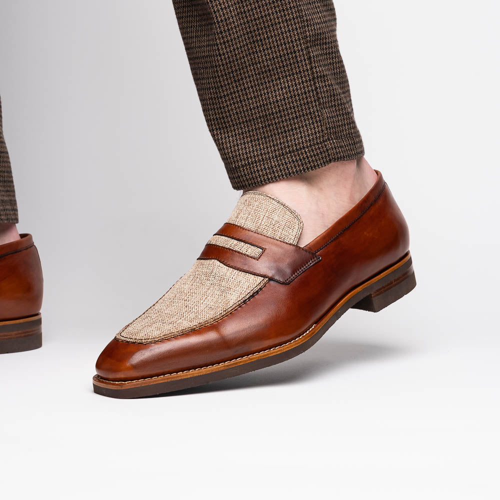 Zelli Lago Italian Calfskin & Linen Penny Loafers Cognac (15-733-CGN)