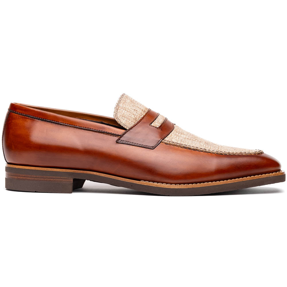 Zelli Lago Italian Calfskin & Linen Penny Loafers Cognac