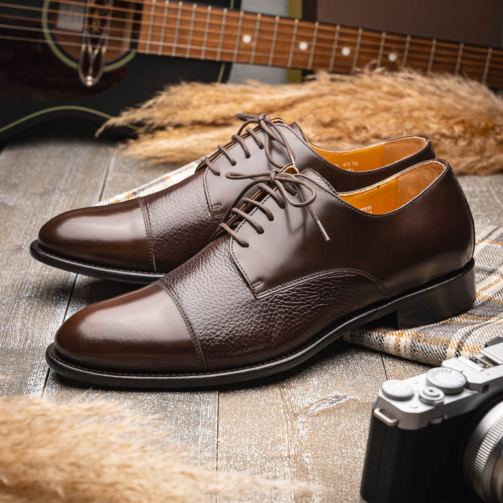 Calzoleria Toscana Lauro Cordovan & Deerskin Cap Toe Shoes Dark Brown