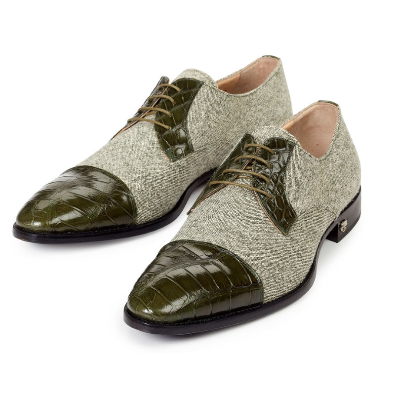 Mauri 53151 Brunico Alligator & Fabric Cap Toe Shoes Money Green |  MensDesignerShoe.com