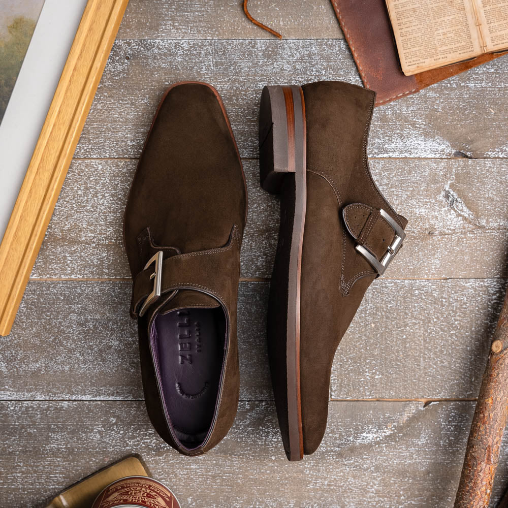 Zelli Hebilla Italian Suede Monk Strap Dark Brown (56-110-DBR)