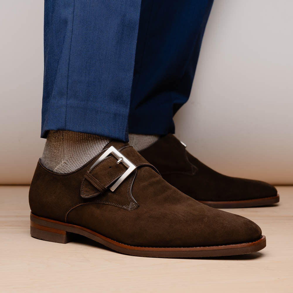 Zelli Hebilla Italian Suede Monk Strap Dark Brown (56-110-DBR)