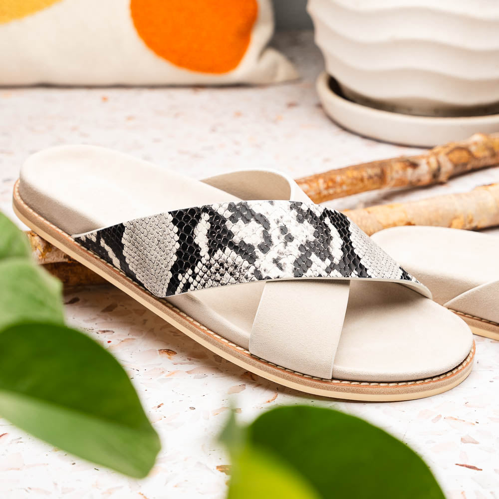 Zelli Rena Sueded Italian Goatskin & Python Slide Taupe (06-105-TPE)