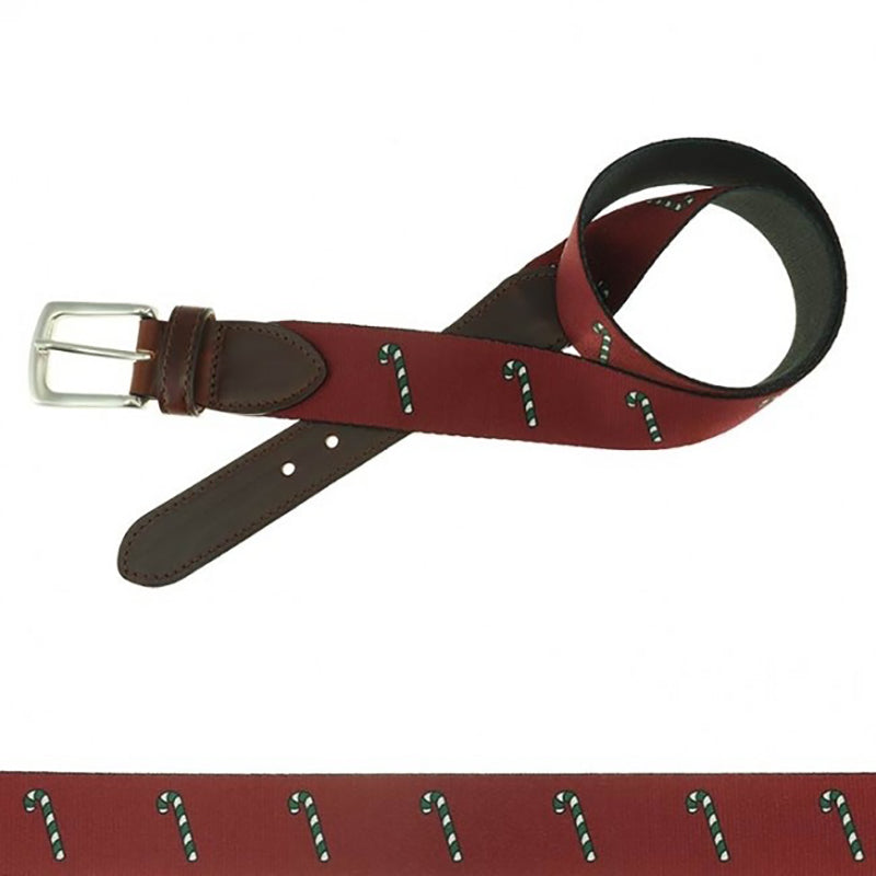 TB Phelps Holiday Pattern Hampton Leather Tab Web Belt Candy Canes