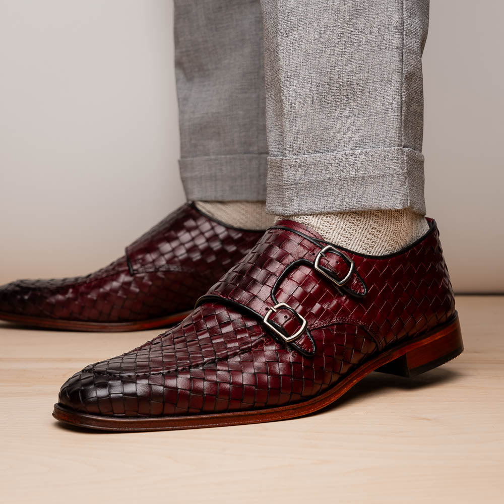 Vinci Leather The Turan Woven Double Monk Strap Dress Shoe Burgundy