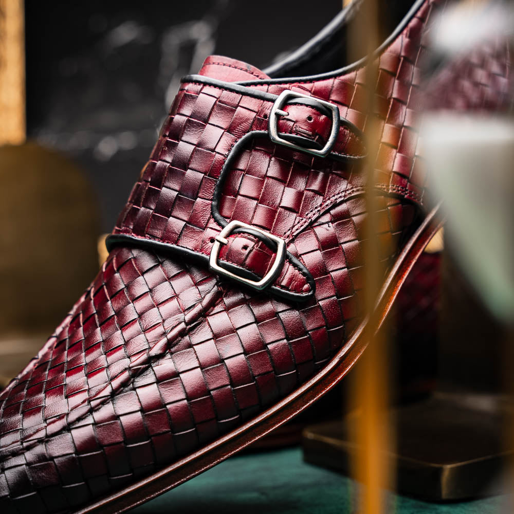 Vinci Leather The Turan Woven Double Monk Strap Dress Shoe Burgundy