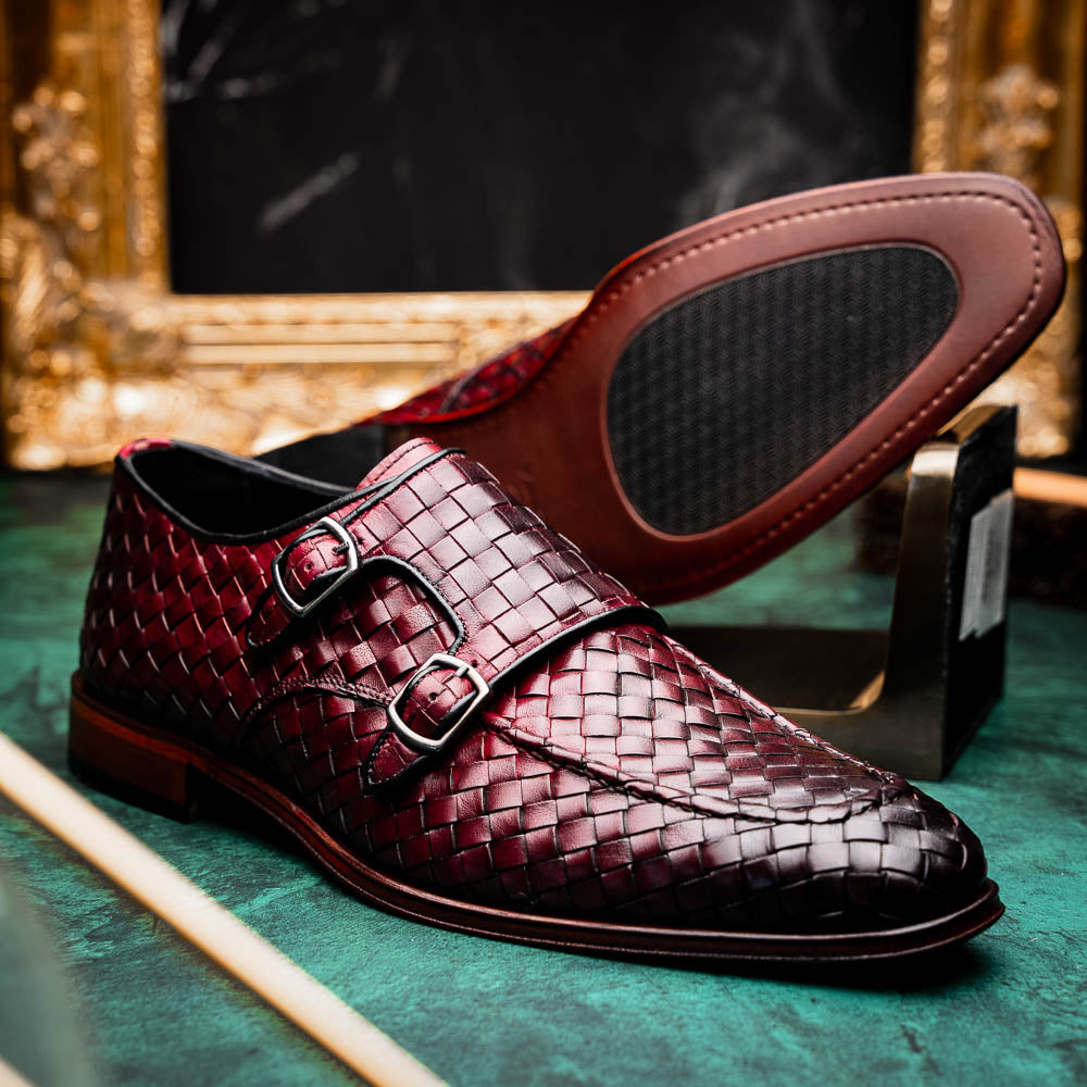 Vinci Leather The Turan Woven Double Monk Strap Dress Shoe Burgundy
