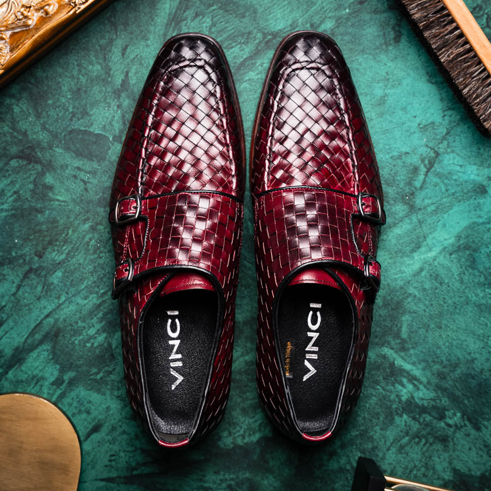 Vinci Leather The Turan Woven Double Monk Strap Dress Shoe Burgundy