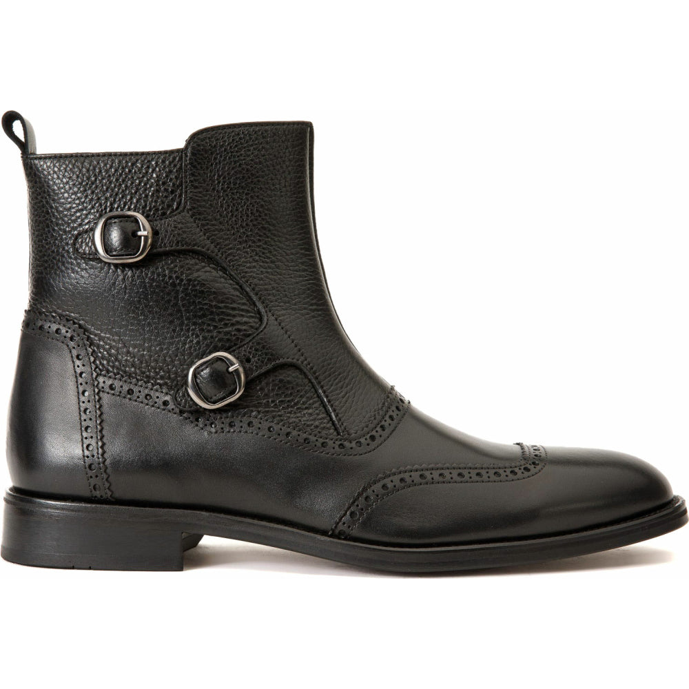 Vinci Leather The Rand Black Leather Double Buckle Brogue Boot