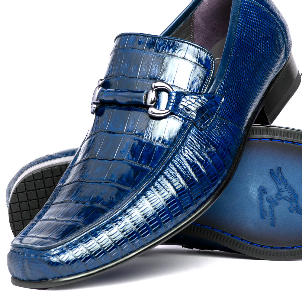 Los Altos Men's Navy Blue Crocodile Shoes Italian Toe ZV088210