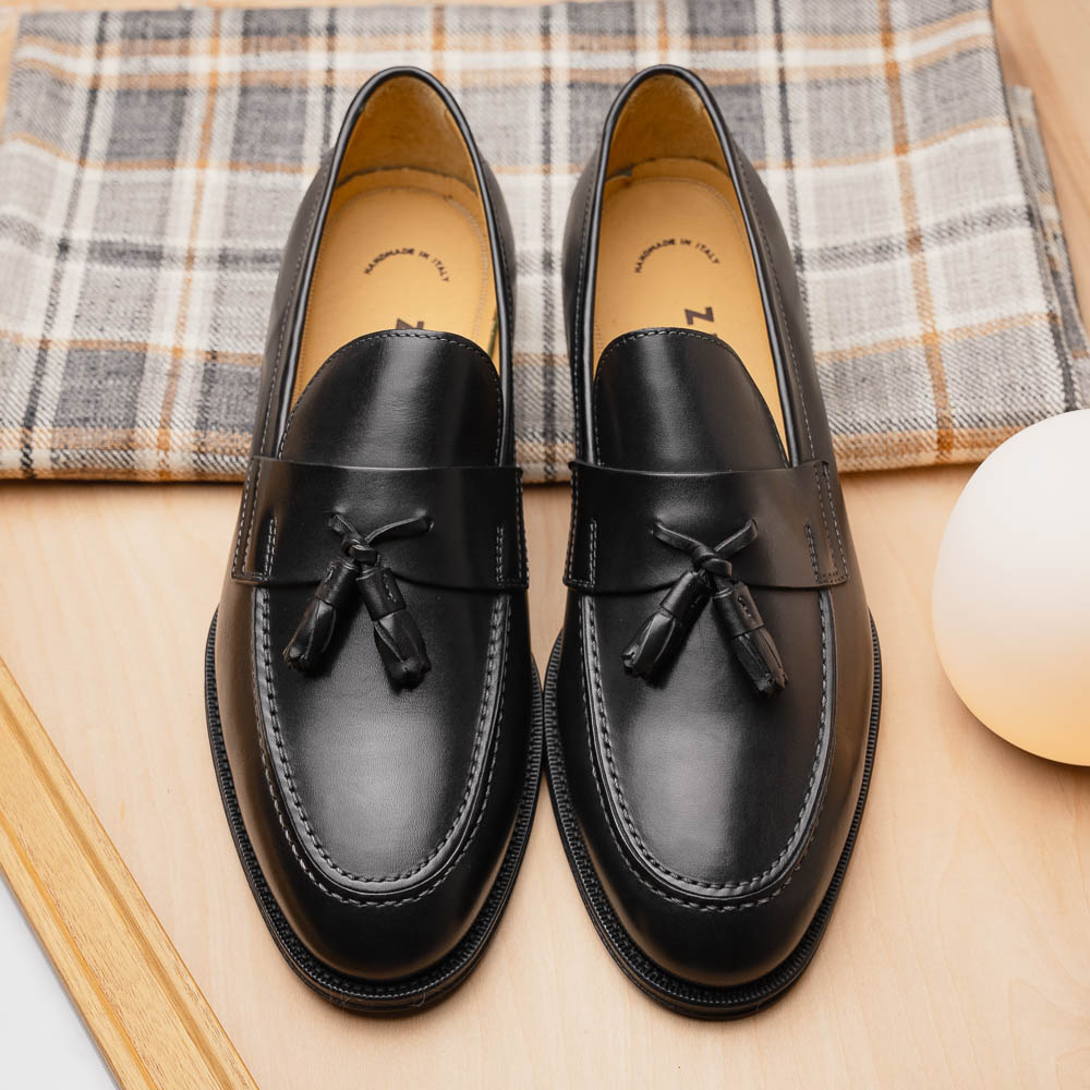 Zelli Como Calfskin Tassel Loafers Black | MensDesignerShoe.com