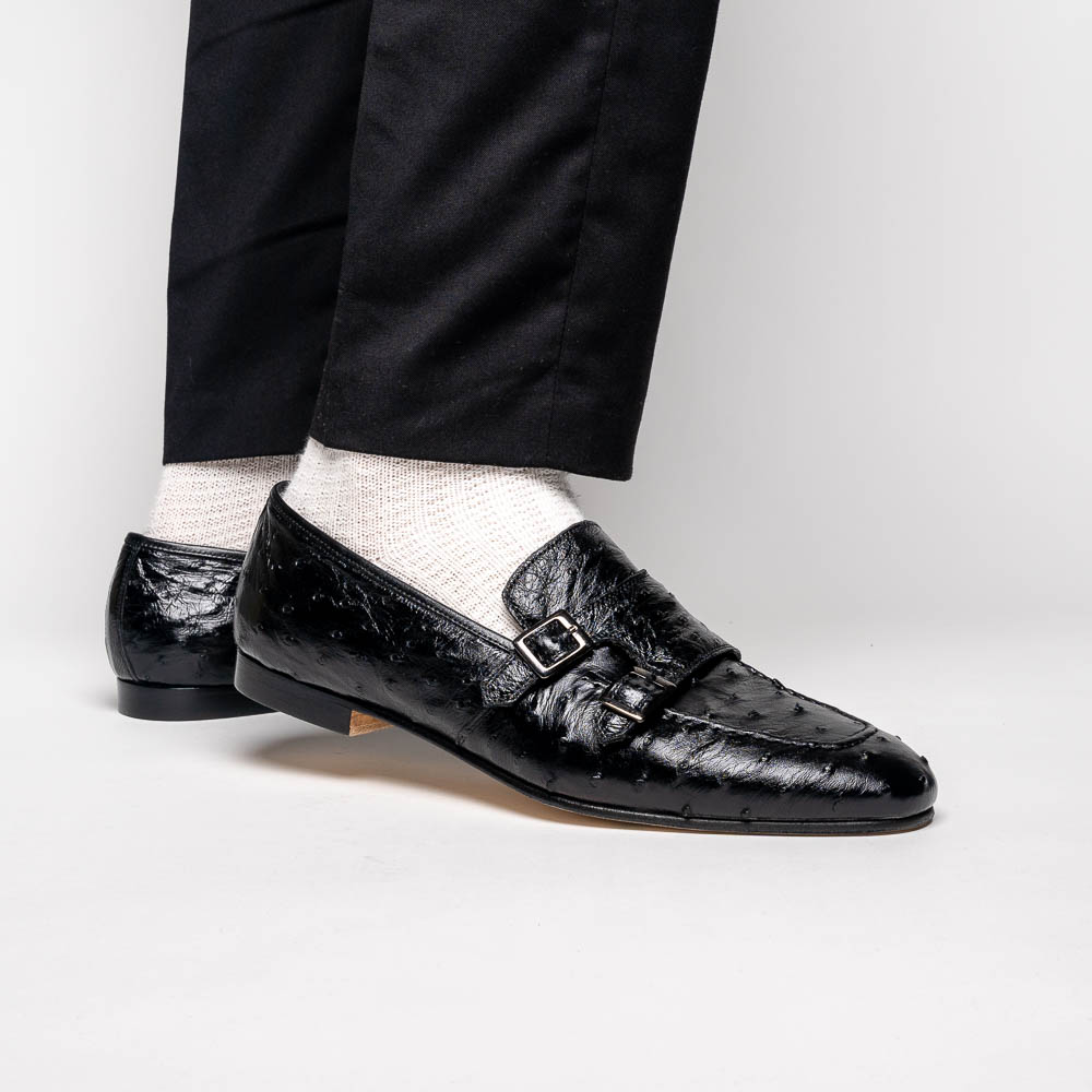 Zelli Gatto Ostrich Double Monk Strap Shoes Black | MensDesignerShoe.com