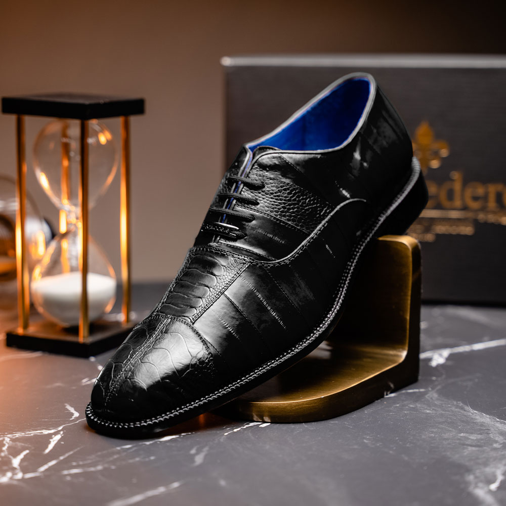 Belvedere Mare Ostrich/Eel Shoes Black | MensDesignerShoe.com