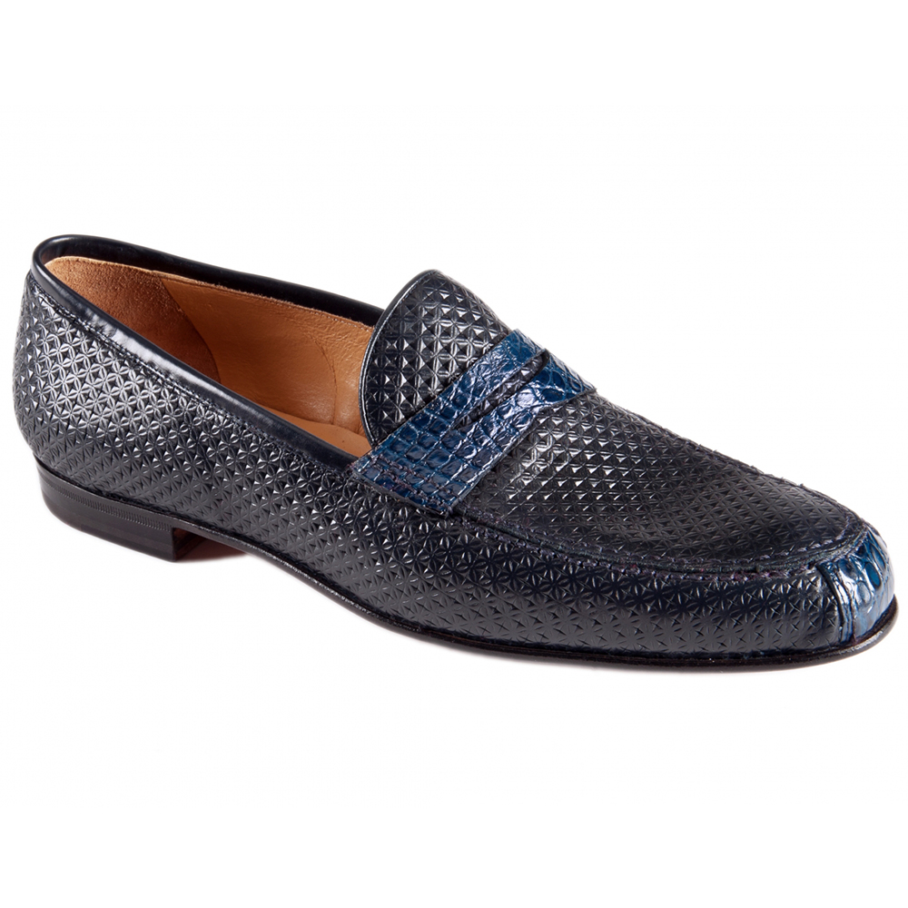 Mauri 4893 Croco Flanks / Perforated Calfskin Dress Shoes Blue (Special Order) Image