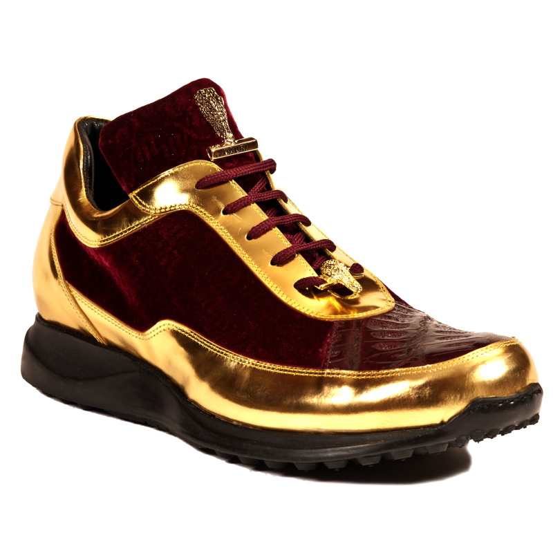 Mauri 8900-2 Crocodile & Velvet Sneakers Burgundy / Gold (Special Order) Image