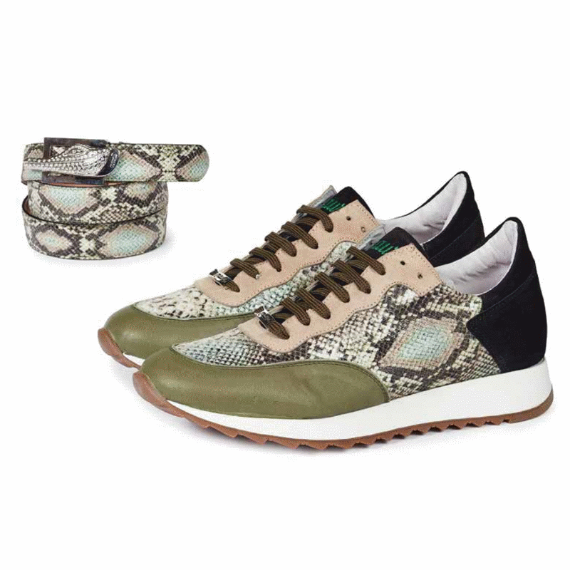 Mauri M728 Calf & Python Print & Suede Sneakers Green (Special Order) Image