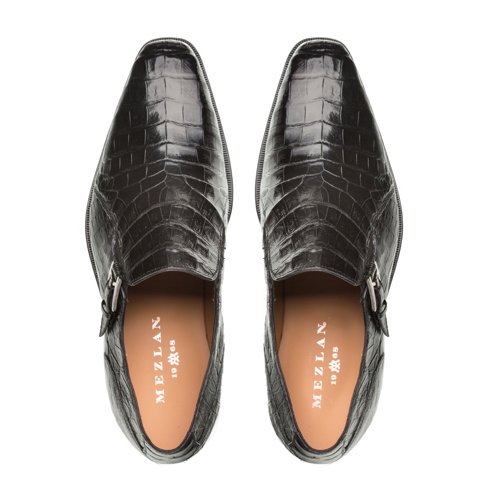 Mezlan SX102 Crocodile Monk Strap Shoes Black | MensDesignerShoe.com