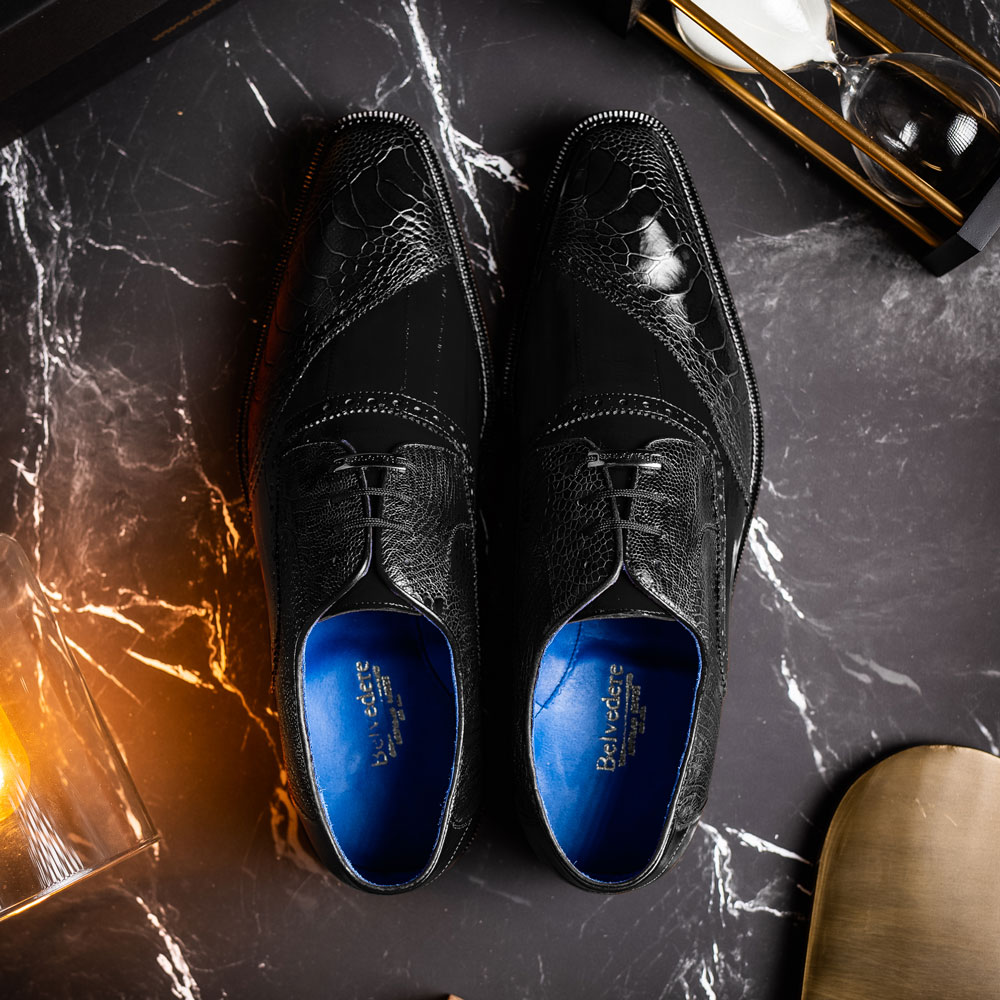 Belvedere Nino Eel & Ostrich Shoes Black | MensDesignerShoe.com