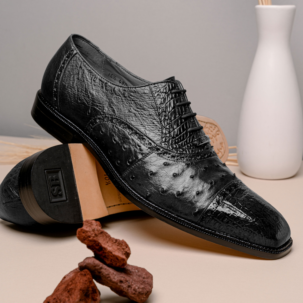 Belvedere Onesto II Ostrich/Crocodile Shoes Black | MensDesignerShoe.com