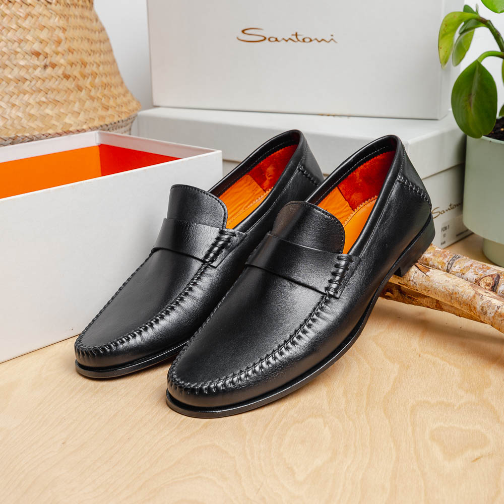 Haas Haan ziekte Santoni Penny Loafer Shoes Black | MensDesignerShoe.com