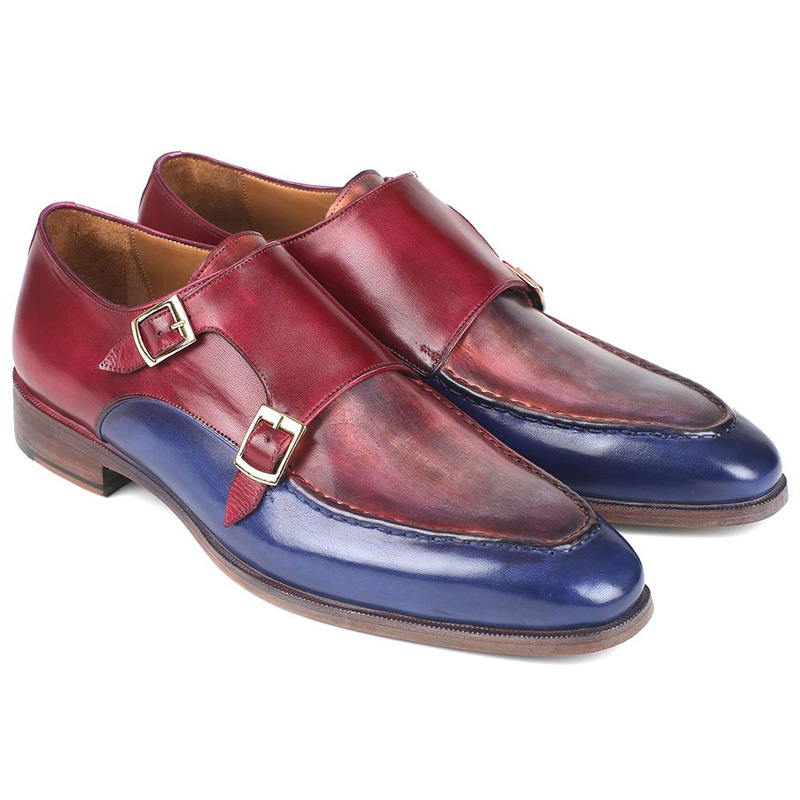 Paul Parkman Calfskin Double Monk Strap Shoes Blue & Bordeaux Image