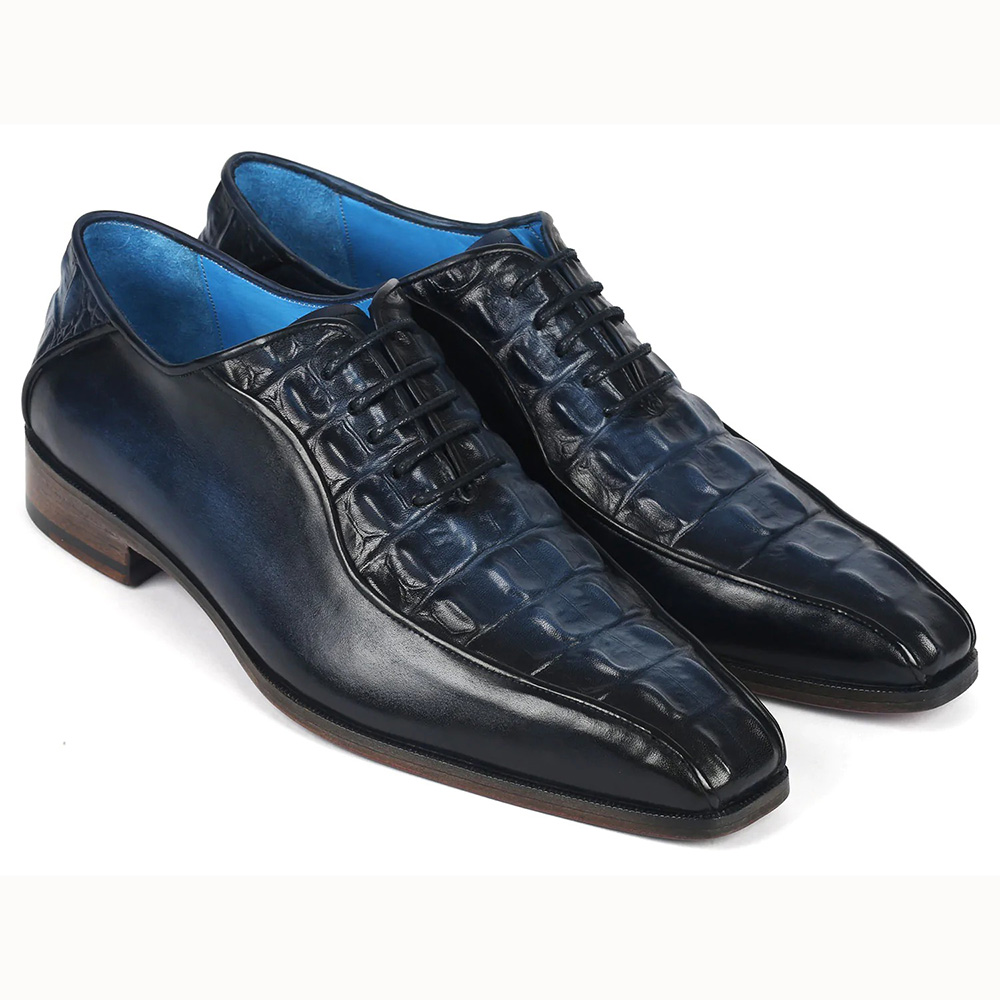 Paul Parkman Croco Textured Leather Bicycle Toe Oxfords Navy Image