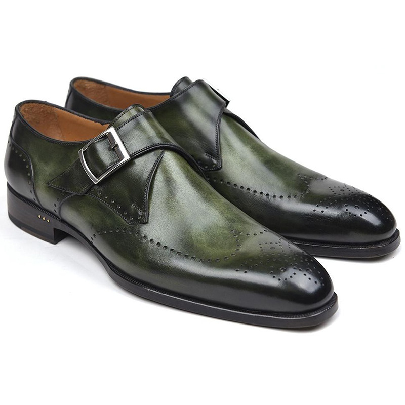 Paul Parkman Leather Single Monk Straps Wingtip Shoes Green Image