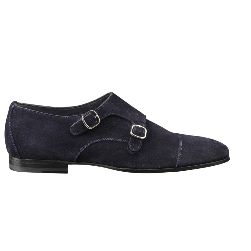 Santoni Berk S Suede Double Monk Strap Shoes Blue | MensDesignerShoe.com