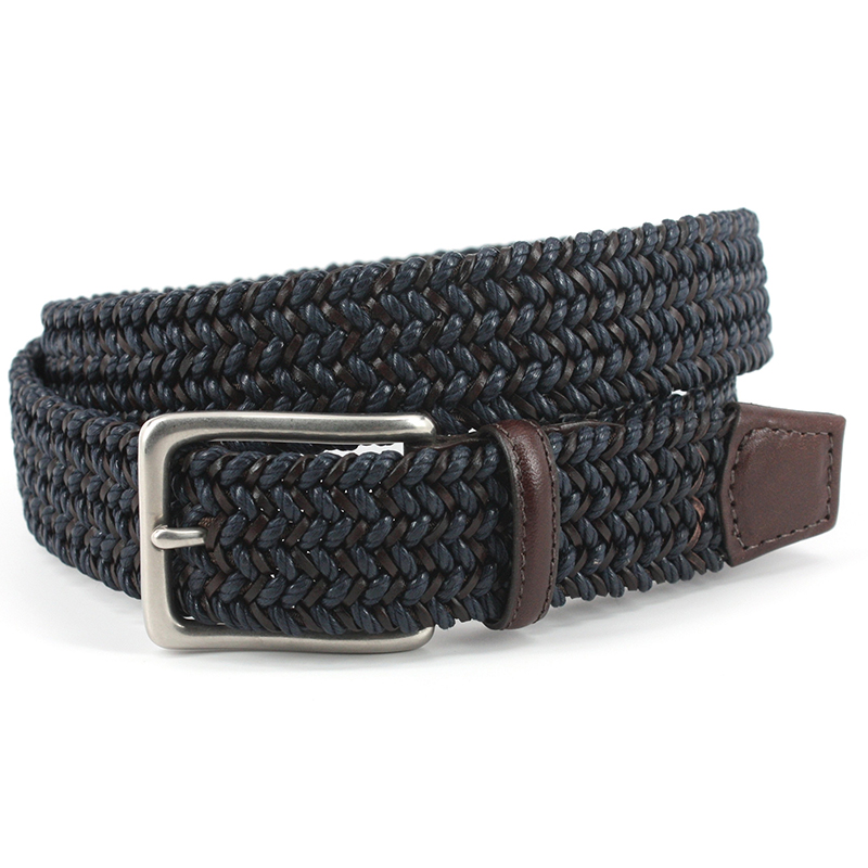 Torino Leather Big & Tall Italian Woven Cotton & Leather Elastic Belt Navy Brown Image