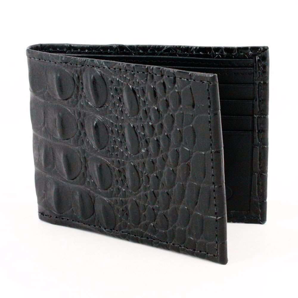 Torino Leather Italian Hornback Croc Calfskin Leather Billfold Wallet Black Image