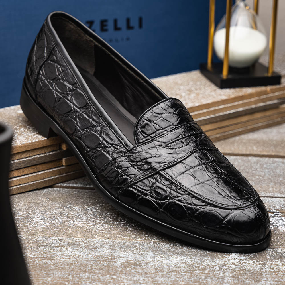 Zelli Tuscany Crocodile Penny Slip-On Black | MensDesignerShoe.com