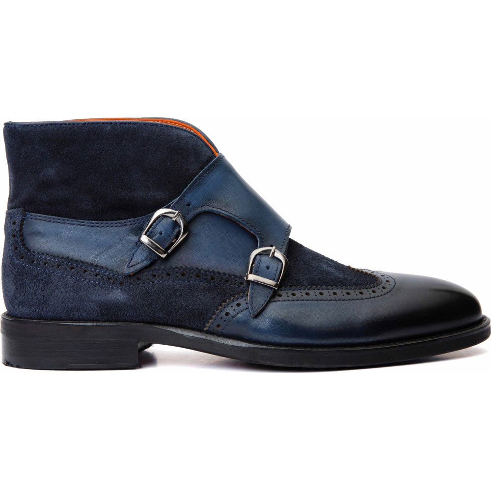 Vinci Leather The Albus Navy Leather / Suede Double Strap Monk Brogue Boot (X-559 (549-12)) Image