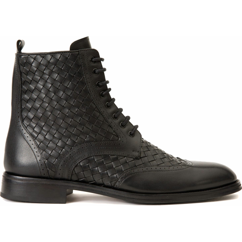 Vinci Leather The Loddon Black Leather Wingtip Brogue Handwoven Lace-up Boot With A Zipper (14553) Image