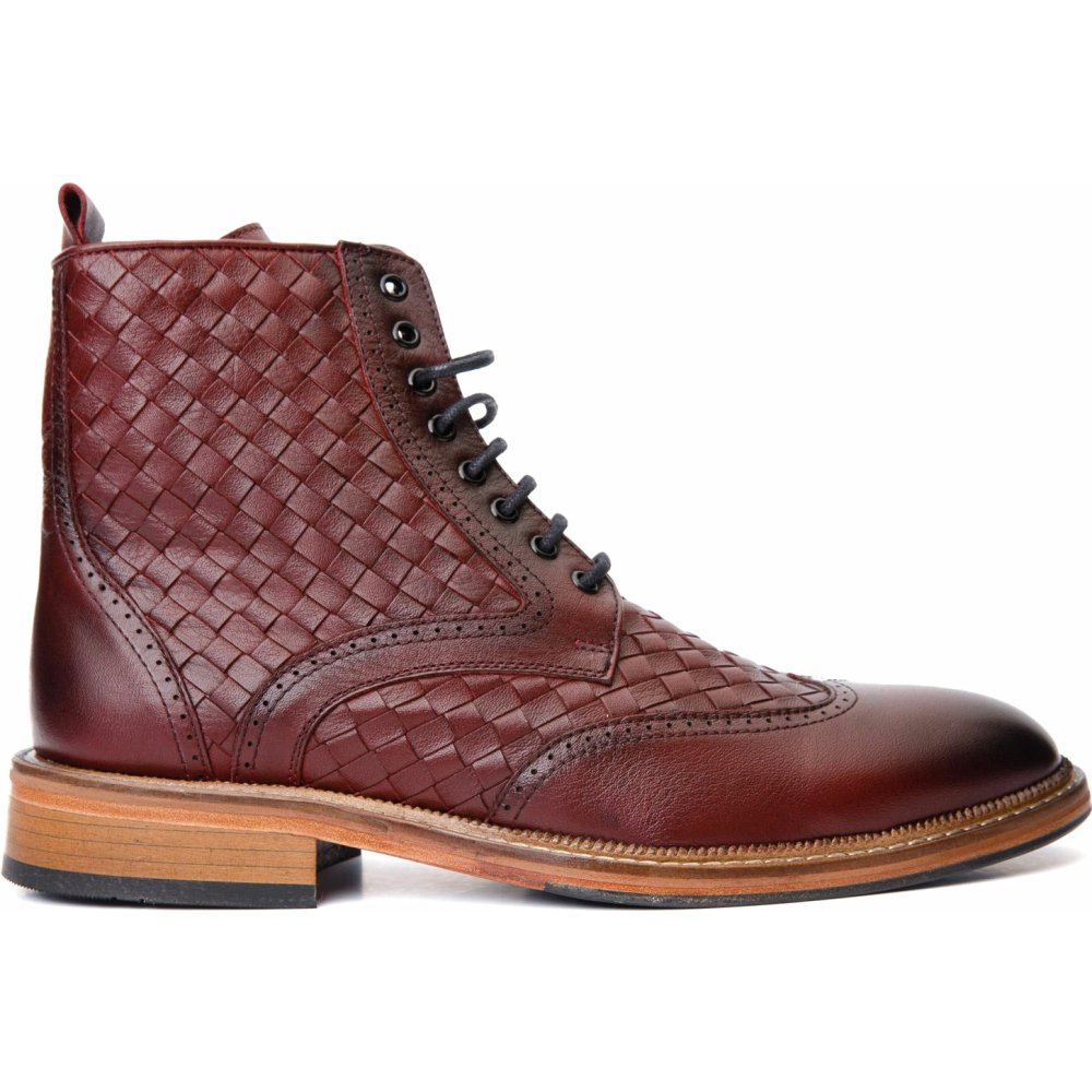 Vinci Leather The Loddon Burgundy Leather Wingtip Brogue Handwoven Lace-up Boot With A Zipper (14553) Image