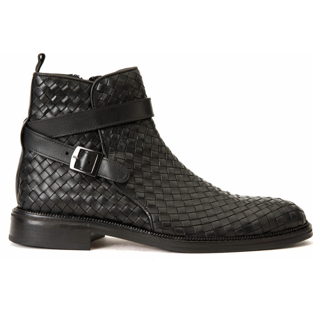 Vinci Leather The Morral Black Handwoven Leather Cross Strap Buckle Zip-up Boot (14552 S) Image