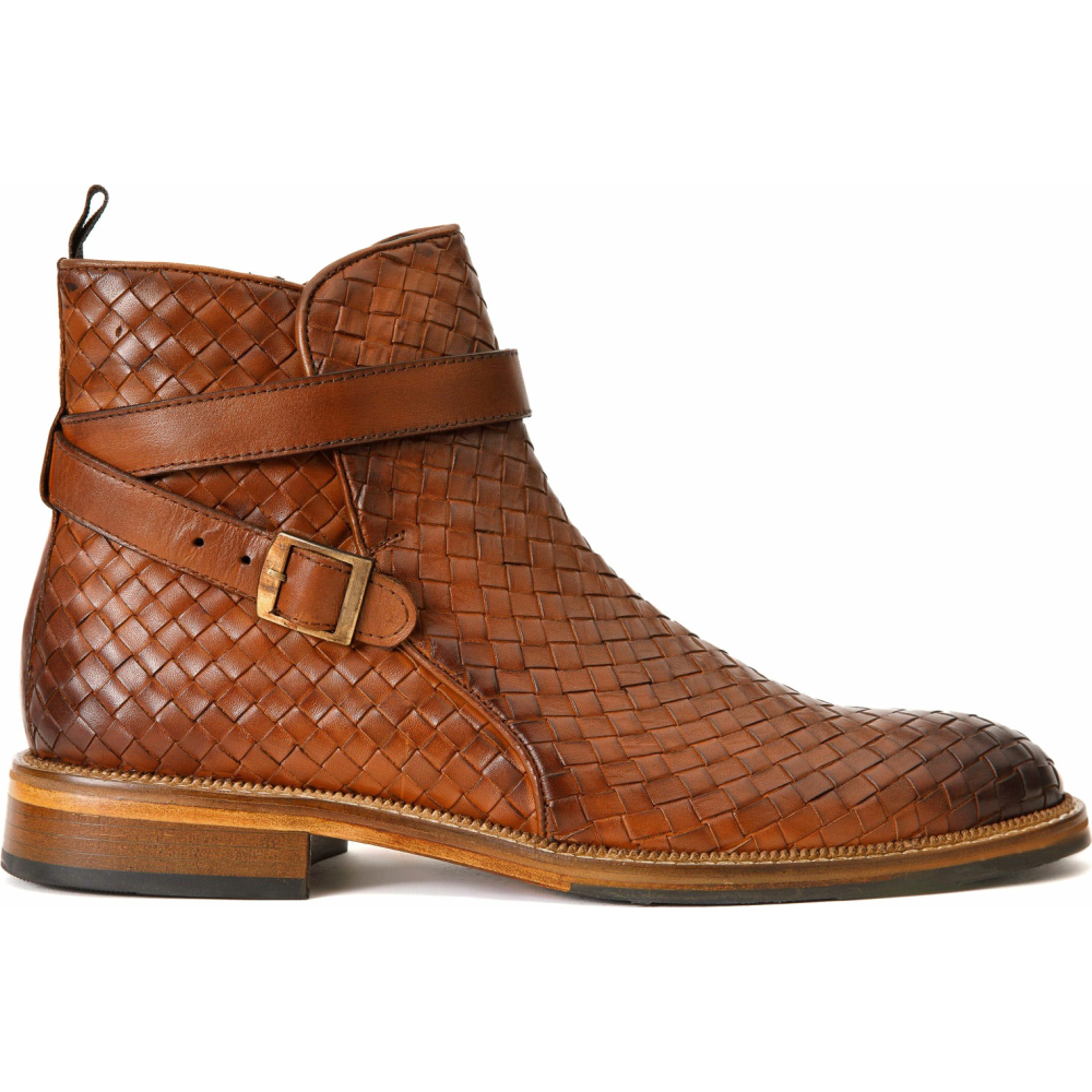 Vinci Leather The Morral Brown Handwoven Leather Cross Strap Buckle Zip-up Boot (14552 T-2) Image