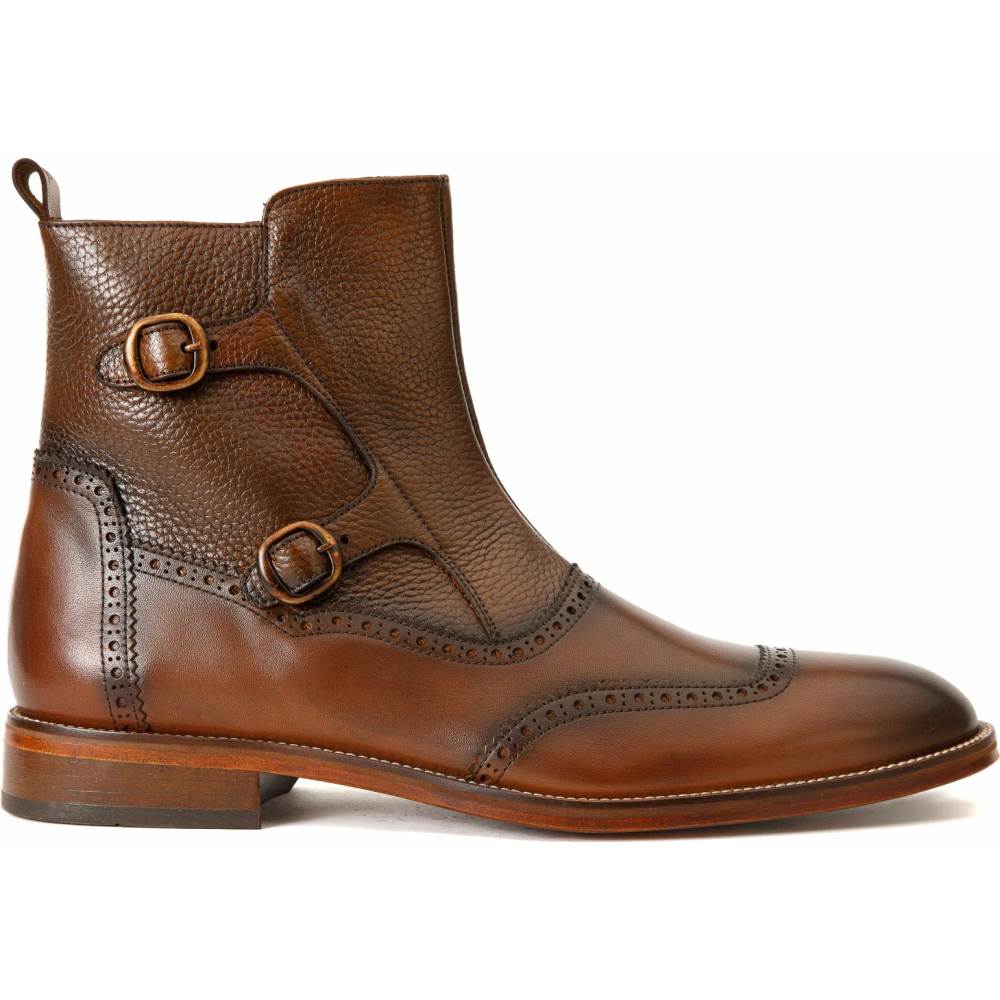 Vinci Leather The Rand Brown Leather Double Buckle Brogue Boot With A Zipper (14560 T-2) Image