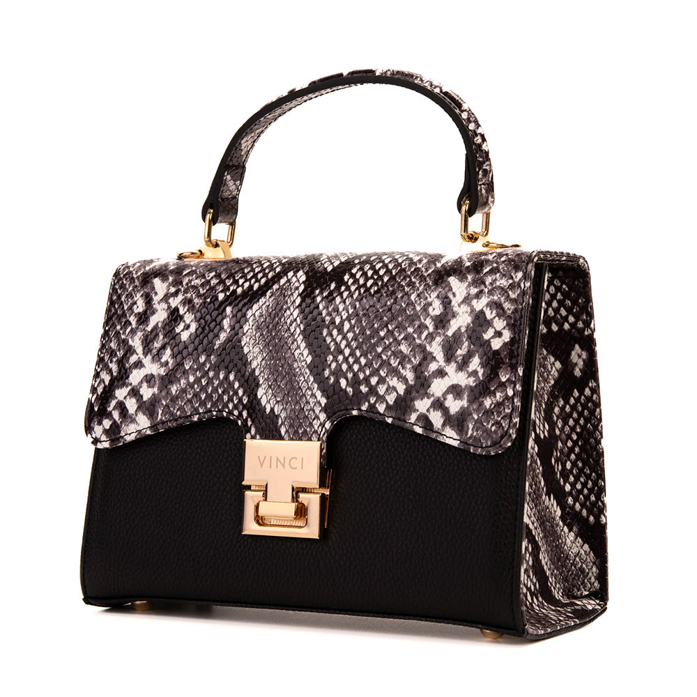 Vinci Leather The Venezia Women's Leather Python Print Handbag Black