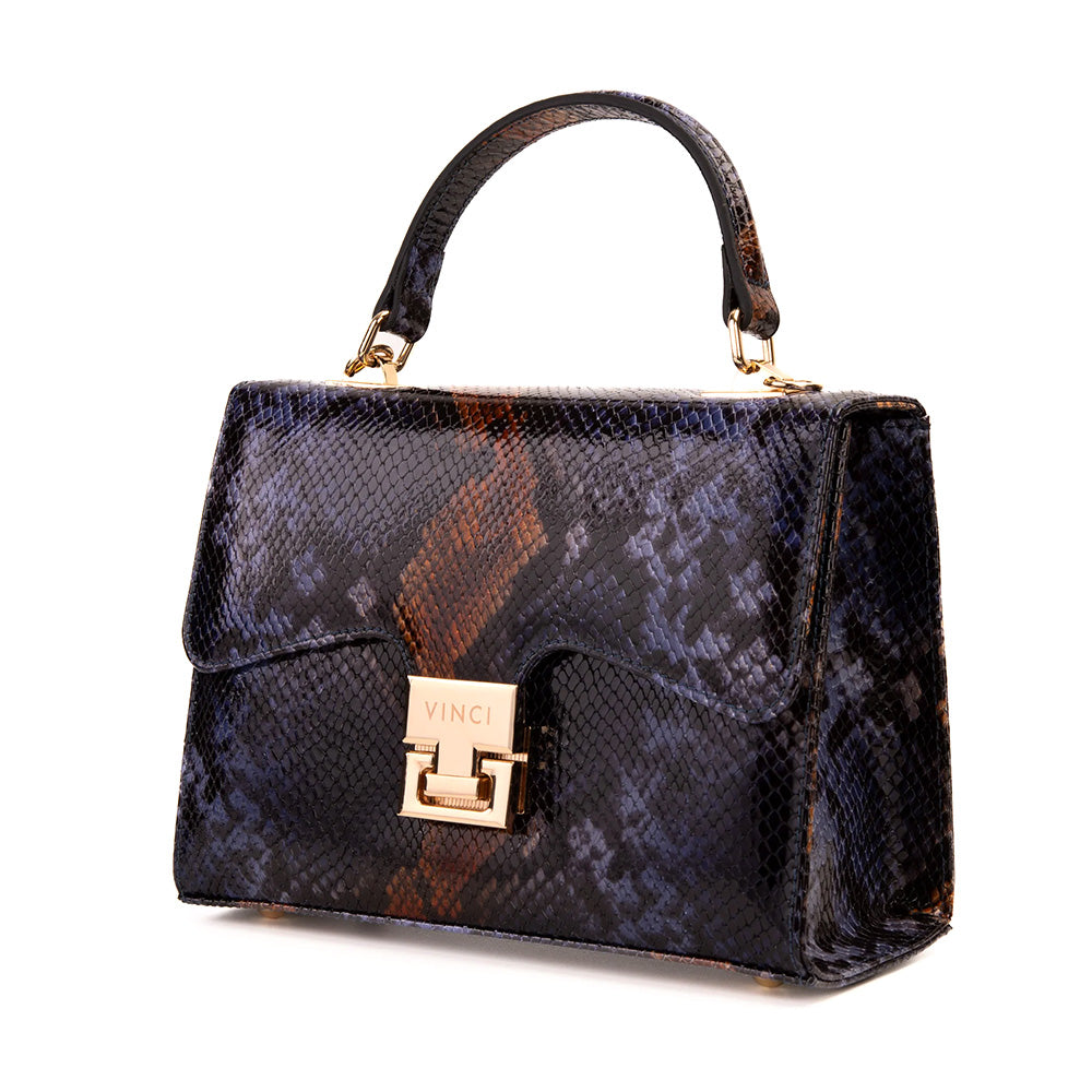 Vinci Leather The Venezia Women's Leather Python Print Handbag Navy Blue